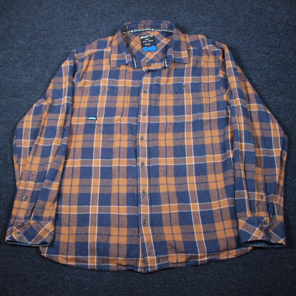 KAVU Flannel Shirt Mens XXL Blue Brown Plaid Herringbone Cotton Button Down - Picture 2 of 9